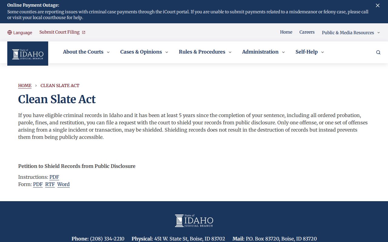 Idaho Clean Slate Act record-shielding information for Power County record access