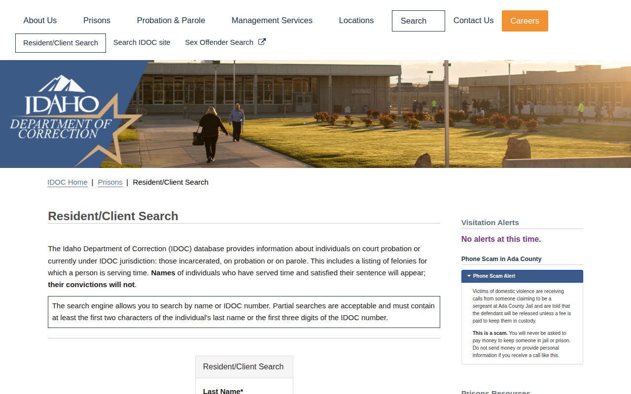 Idaho Department of Correction state custody search for Power County record research