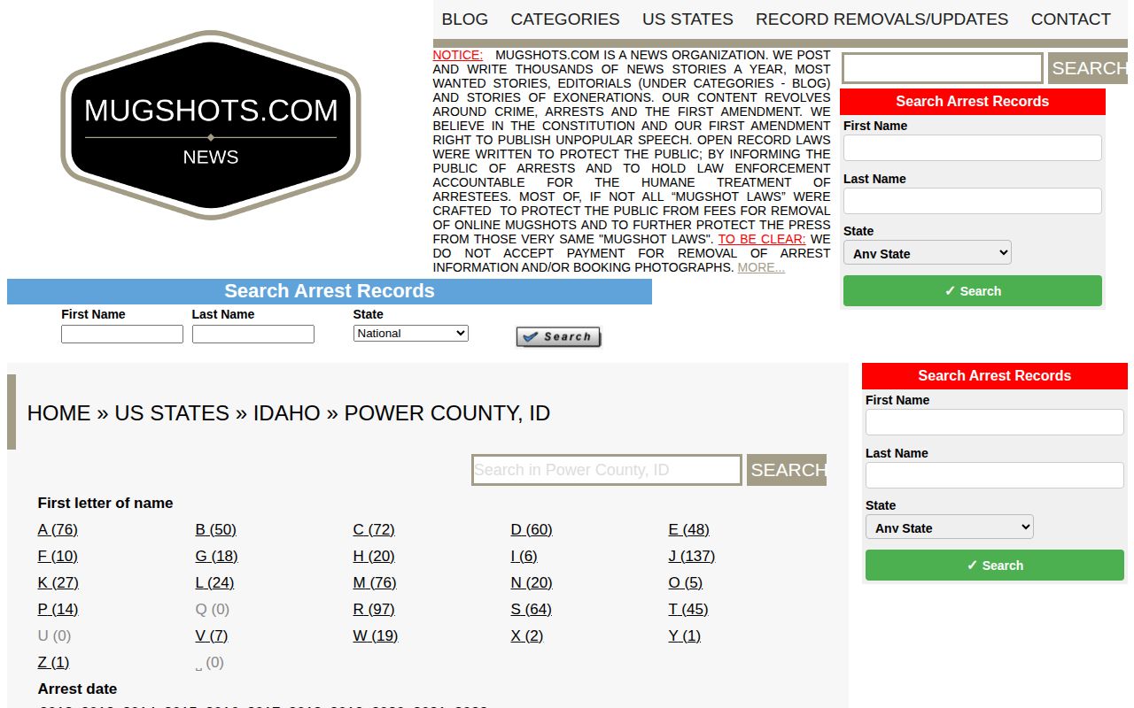 Mugshots.com unofficial Power County county-local record page