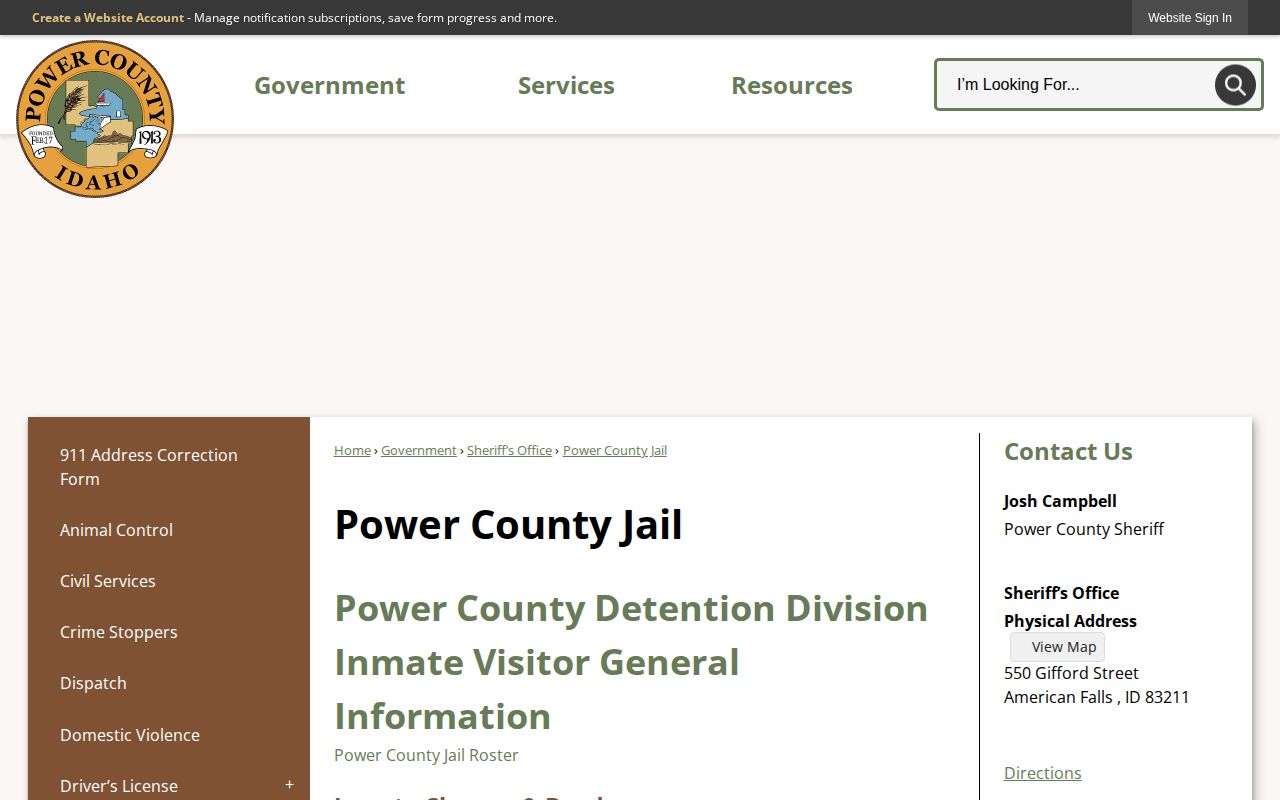 Power County Jail booking and bond information for county custody records