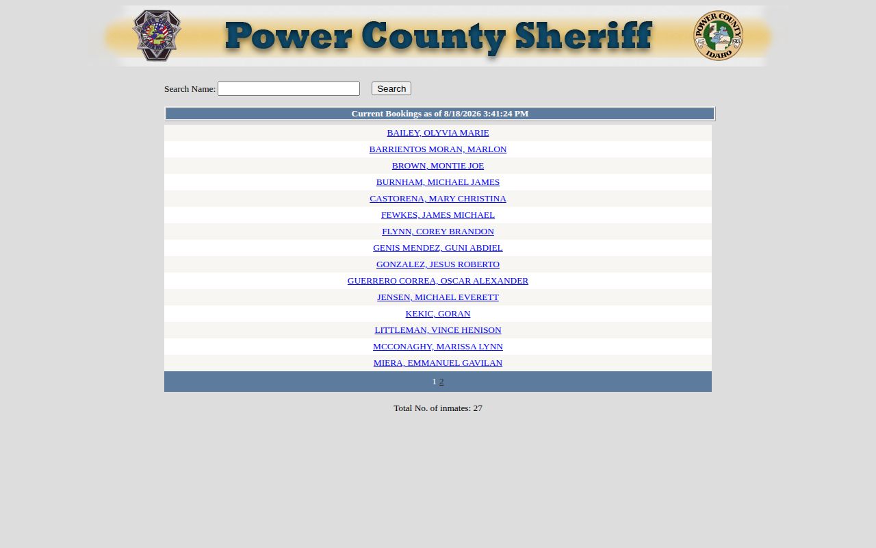 Power County Jail current booking roster and name search for county custody records